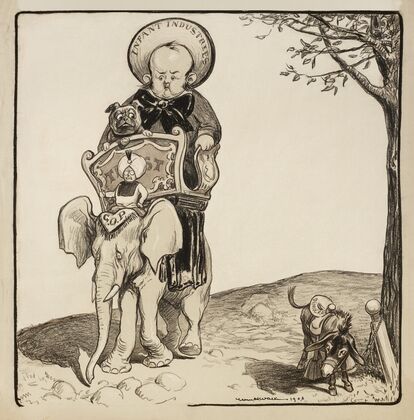 A large child representing Infant Industries and his bulldog representing Wall Street ride on top of the Republican Party elephant (1904) — size preview