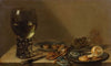 A large roemer, a silver knife, a gold pocket watch with blue ribbon, a pewter plate with a peeled lemon, with other objects on a ledge