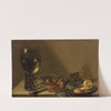 A large roemer, a silver knife, a gold pocket watch with blue ribbon, a pewter plate with a peeled lemon, with other objects on a ledge by Willem Claesz Heda