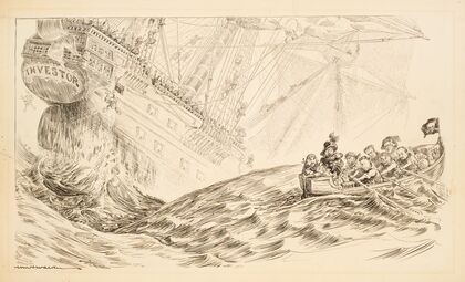 A large sailing ship representing investors sinks as a small group of pirates row away with their money. (1907)
