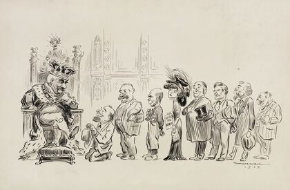 A line of men in suits and a woman with a paper reading ‘votes for women’ wait for an audience with a man dressed like a king (1910)