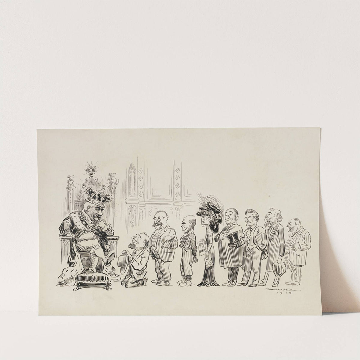 A line of men in suits and a woman with a paper reading ‘votes for women’ wait for an audience with a man dressed like a king (1910) by William Henry Walker