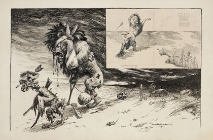 A lion (Great Britain) and an eagle (United States), both badly wounded, hobble from a land they tried to conquer. (1901) — size preview