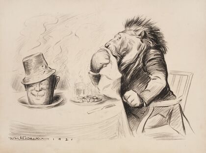 A lion (Great Britain) eats a fine dinner. The coffee cup on the table has a face. (1921)