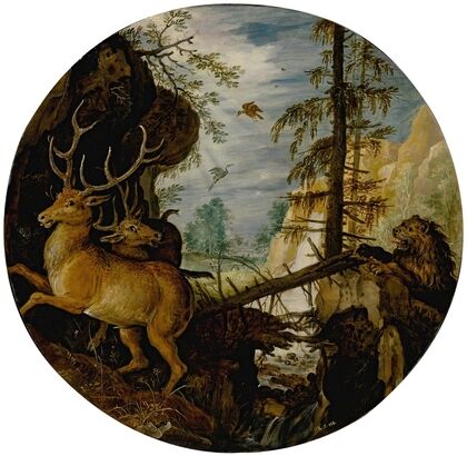 A lion hunting two deer