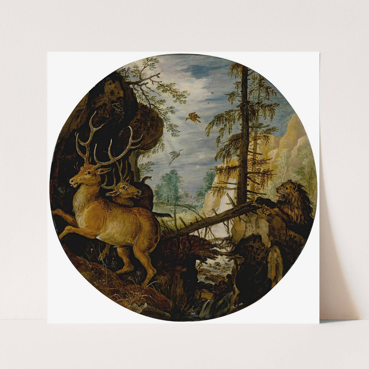 A lion hunting two deer by Roelant Savery