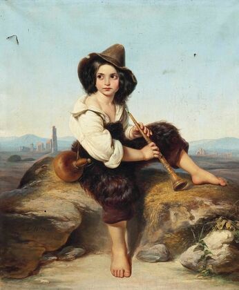 A little shepherd playing the oboe at the Claudia Aqueduct on the Roman Compagna
