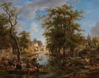 A lively canal scene with ferries and boats conveying townspeople and animals