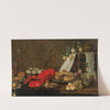 A lobster, oysters, pastry, mixed fruit and filled wine glasses on a partially draped table by Frans Ykens