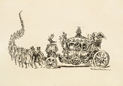 A long line of men in suits and top hats pull an ornate carriage (in the place of the horses) (1910)