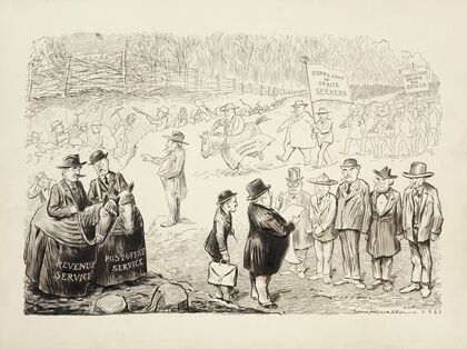 A long line of men march with signs (1921)