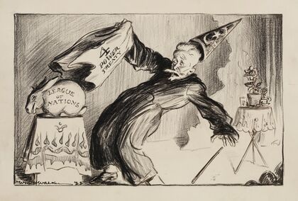 A magician pulls away a cloth representing the 4 Power Treaty and reveals a rabbit representing the League of Nations (1922)