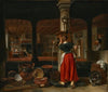 A maid pumping water in a kitchen interior