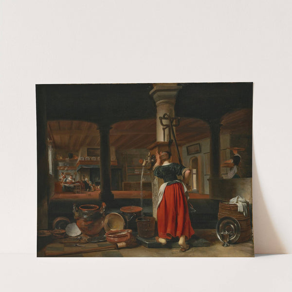 A maid pumping water in a kitchen interior by Cornelis Bisschop