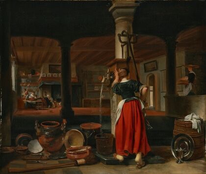 A maid pumping water in a kitchen interior