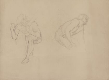 A male nude in a bent position with his left leg raised, carrying an object on his shoulder, next to him a crouching male nude to the right