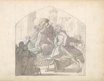 A Man and a Monkey Riding on Horseback