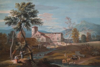 A man and a woman by a stream with a farmhouse in the background
