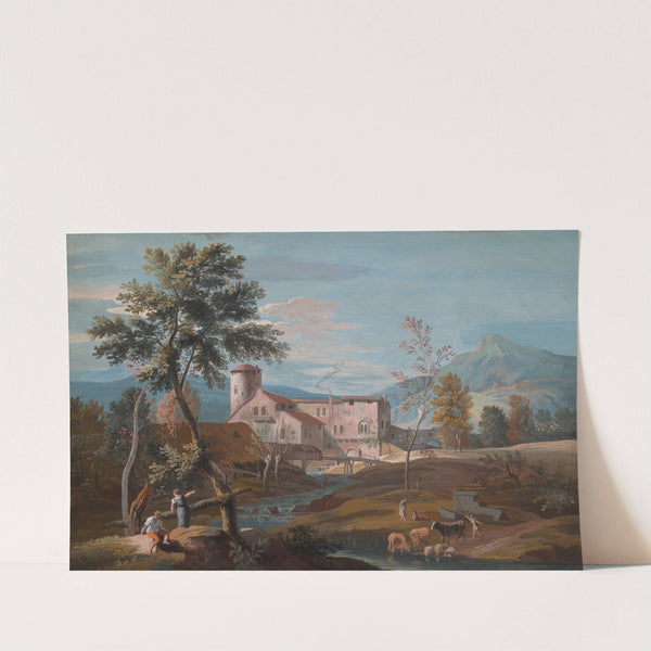 A man and a woman by a stream with a farmhouse in the background by Marco Ricci