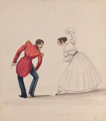 A man and woman dancing the Zamacueca