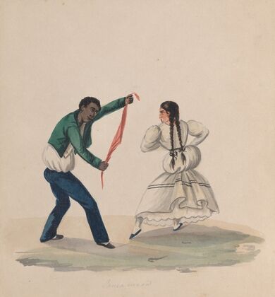 A man and woman dancing the Zamacueca