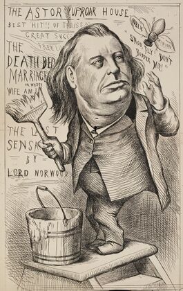 A man, Astor, puts up fliers for his ‘Uproar House,’ shooing away a fly representing public opinion. — size preview