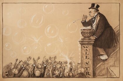 A man blows bubbles from a solution of ‘watered stock,’ as a crowd of gentlemen try to catch them before they pop. (1903)
