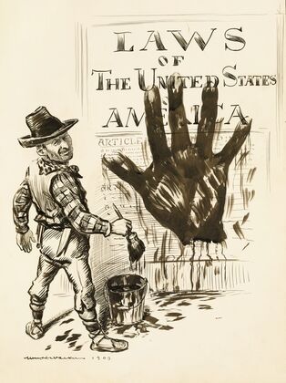A man dressed like a Westerner paints a large black hand on the Laws of the United States. (1909) — size preview