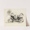A man drives a car with two horse heads on the front to make it look more like a carriage. (1905) by William Henry Walker