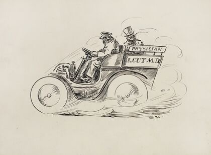 A man driving a physician (I. Cut M.D.) in a car. (1902)