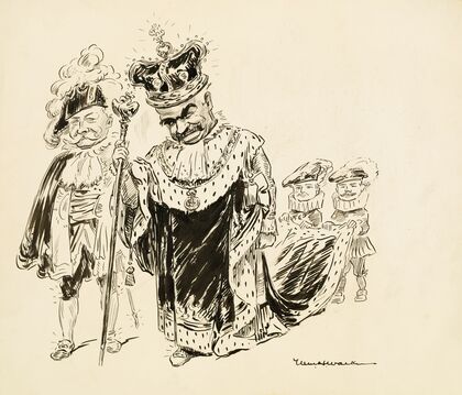 A man in a crown and robes, both decorated with dollar signs, and a scepter with the American eagle on top (1910)