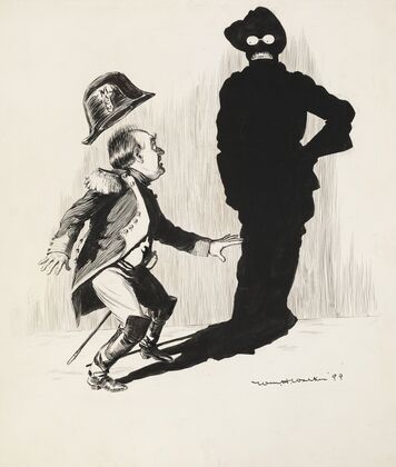 A man in a military uniform (Mac) is scared by his shadow, which is shaped like another man and looks at him sternly. (1899)