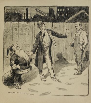 A man in a suit (a walking delegate) keeps Santa Claus from approaching a striking worker outside of a factory. (1902)