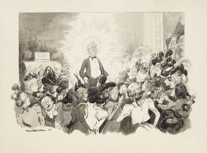 A man in a suit with a halo causes a group of ladies to either admire him or argue with each other (1898)