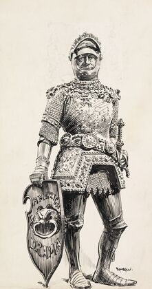 A man in ornate armor. His shield reads ‘American Drama’ (1910)