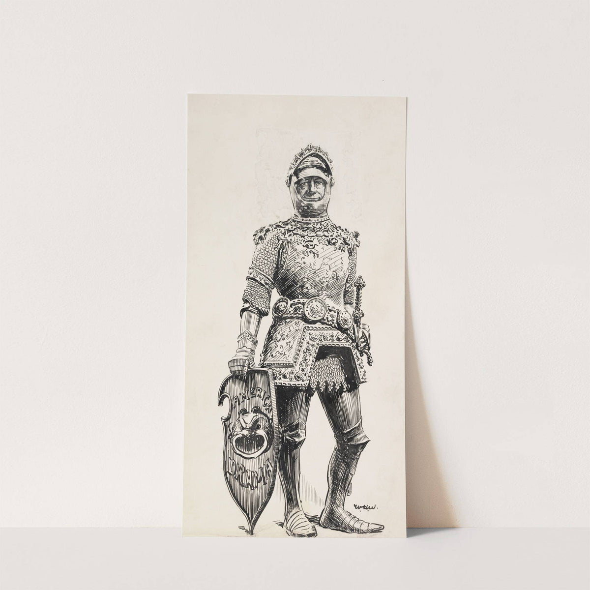 A man in ornate armor. His shield reads ‘American Drama’ (1910) by William Henry Walker
