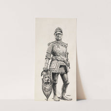 A man in ornate armor. His shield reads ‘American Drama’ (1910) by William Henry Walker