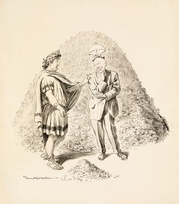 A man in Roman robes and a man in a suit with a lamp on his head stand before a mountain of coins. (1907)