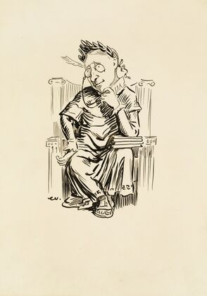 A man in Roman robes and wearing a wreath sits and thinks. (1910)