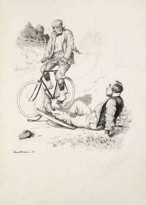 A man on a bicycle looks down on a man who has fallen off of his unicycle. (1896) — size preview