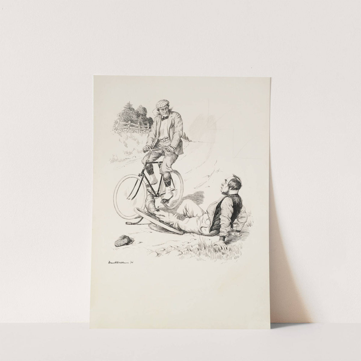 A man on a bicycle looks down on a man who has fallen off of his unicycle. (1896) by William Henry Walker