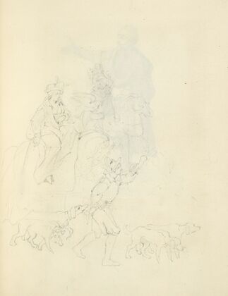 A man on horseback with a falcon, a man on foot, and four dogs