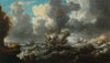 A man o’war in choppy seas with soldiers on an outcrop nearby (1641)