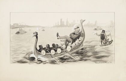 A man relaxes in a boat full of money which resembles a Viking ship (1898)