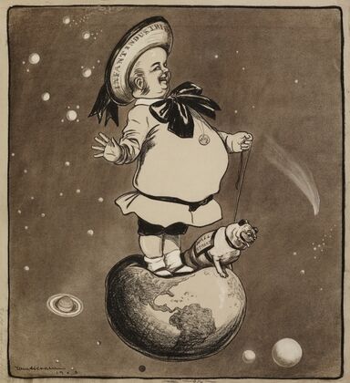 A man representing infant industries and Trusts with his bulldog representing Wall Street stand on top of the world (1903)