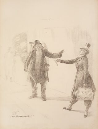 A man representing the 20th century is stopped by Father Time from entering a party celebrating the New Year in 1900 (1900)