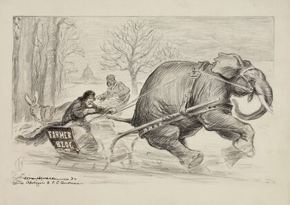 A man representing the ‘Farmer Bloc’ is pulled swiftly in a sleigh by the Republican Party elephant (1922) — size preview