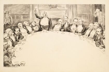 A man representing the Trusts speaks at a fancy dinner for numerous wealthy Americans (1906)