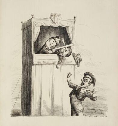 A man representing voters, depicted as a young boy, yawns and watches a puppet show (1920)