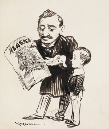 A man shows a boy a paper about Alaska. (1911)
